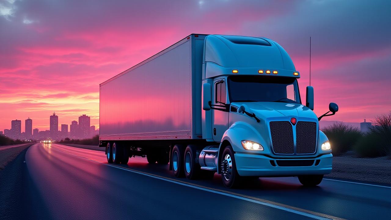 Modern temperature controlled reefer truck in front of Phoenix skyline at dawn