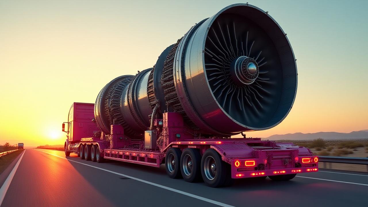 Large industrial turbine transported on a specialized multi-axle trailer in Arizona