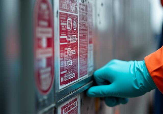 Logistics professional inspecting hazmat labels and security seals