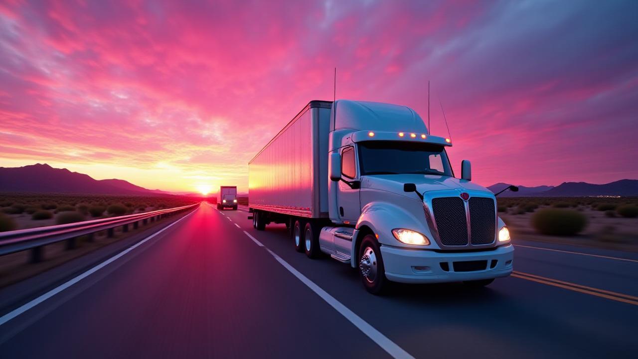 Expedited hot shot truck speeding across Arizona highway at dusk
