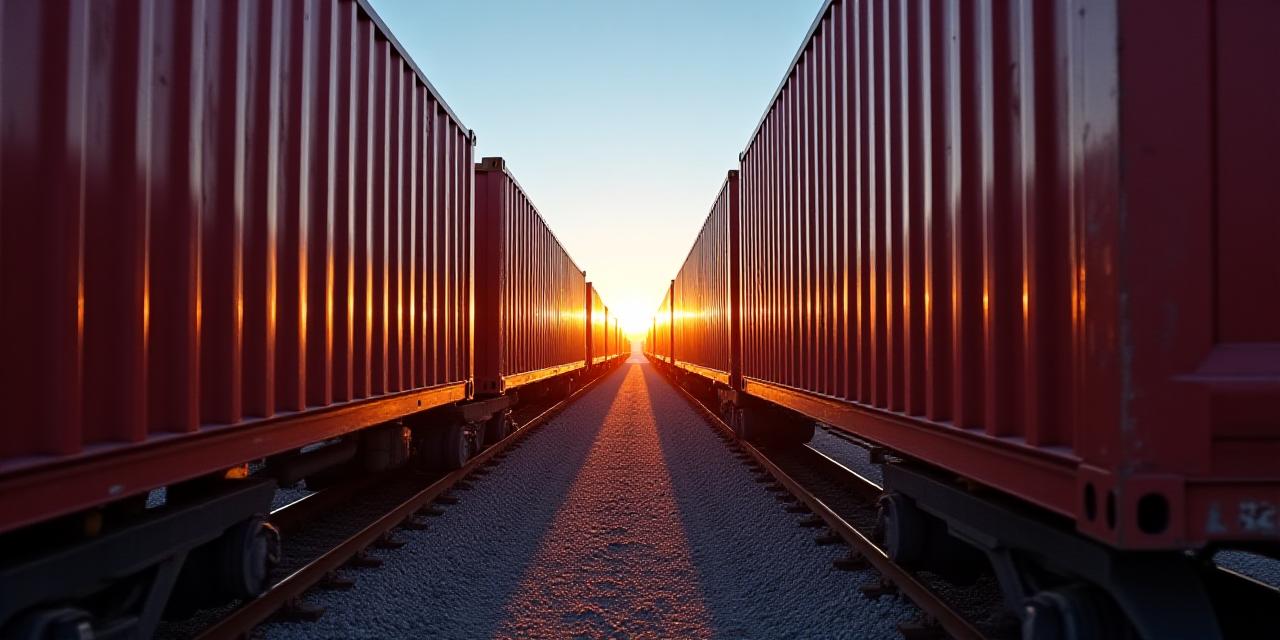 Intermodal freight containers at a Phoenix rail hub during sunset