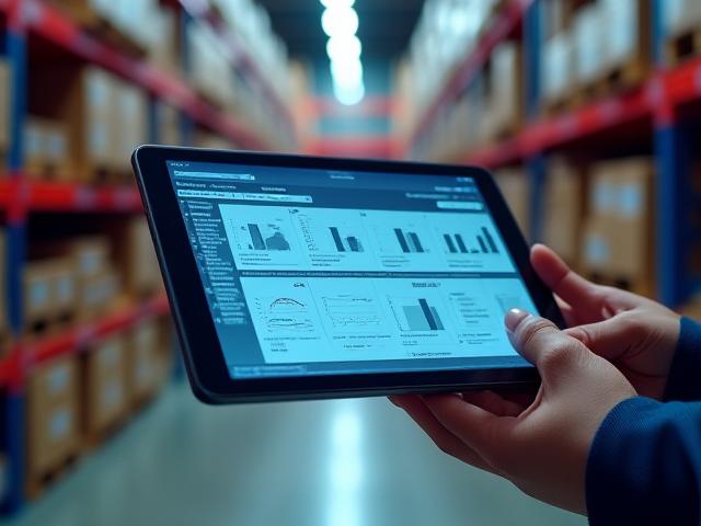 Logistics professional using a tablet to manage electronic inventory in a Phoenix warehouse facility